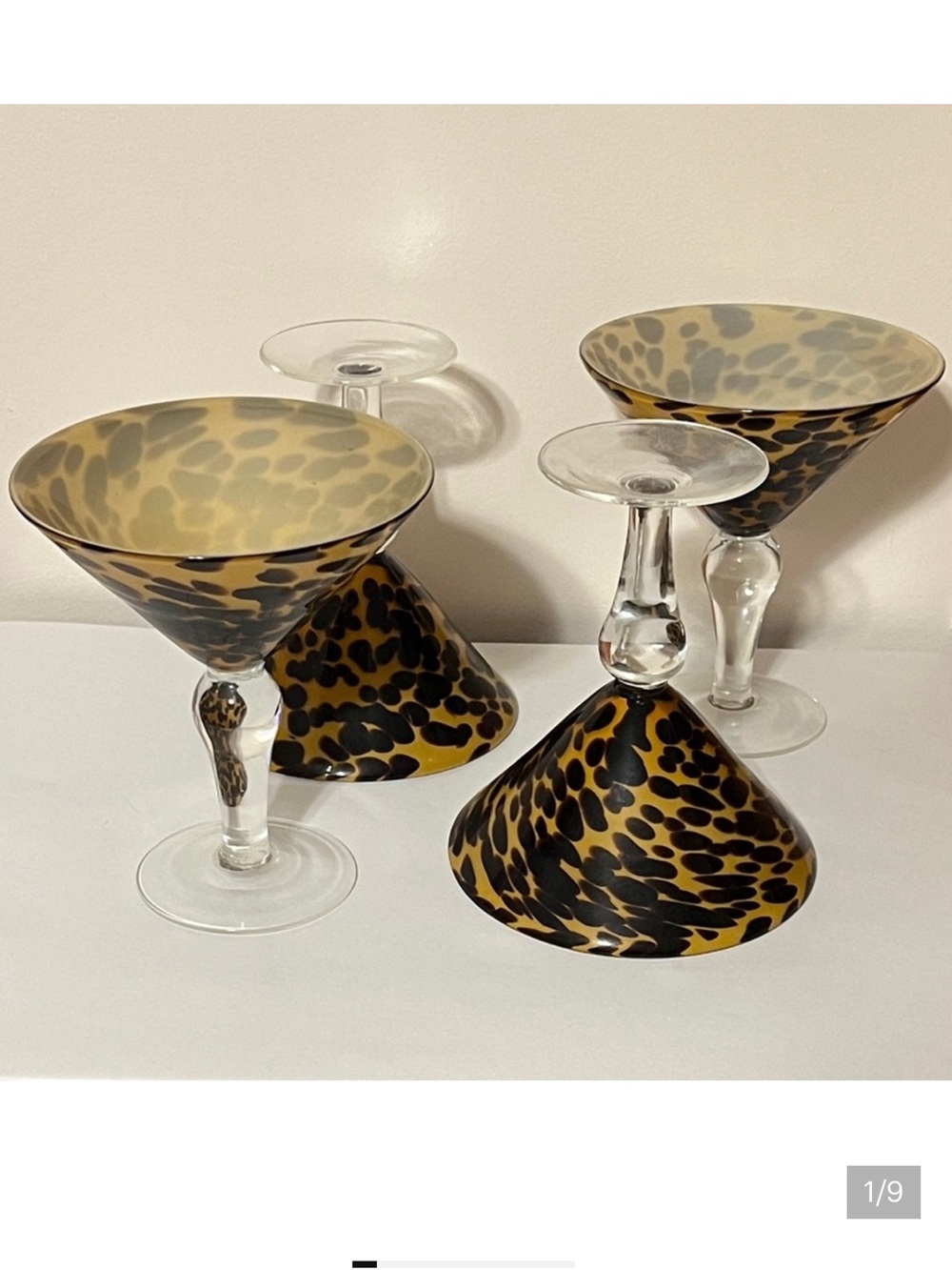 Amici  Oversized Italian Leopard Print Martini Glasses Set. Hand Blown. NWOT